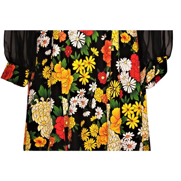 Floral Dress, Maxi Dress, Sheer Black Sleeves, Reiner of Chicago, Flower Power, - Picture 14 of 16